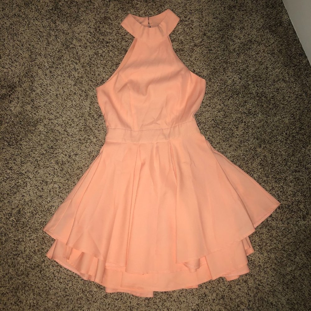 Coral Halter Neck Open Back Mini Dress